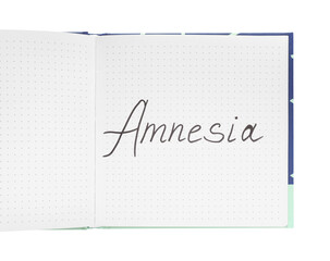 Notebook with word Amnesia isolated on white, top view
