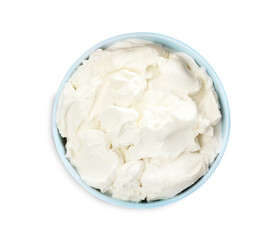 Bowl of tasty cream cheese isolated on white, top view