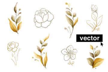 Set of herbal branches. Clear vector brown and gold leaves, and flowers.
