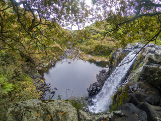 Naklejka na ściany i meble Reunion island waterfall and bassin surounding by tropical forest