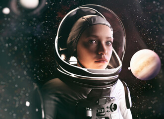 Young female astronaut front of jupiter and saturn. 3d rendering - obrazy, fototapety, plakaty