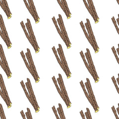 Seamless pattern Licorice sticks root vector hand drawn illustration isolated on white background, ink sketch, decorative herbal colorful doodle, medical herbs for design cosmetics, natural medicine