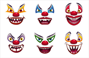 Creepy clown faces. Isolated on white. Scary circus concept. Vector illustration EPS10