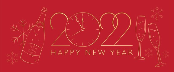 Happy new year 2022 illustration with gold, glasses of champagne and a clock. Gold sequin, vector illustration