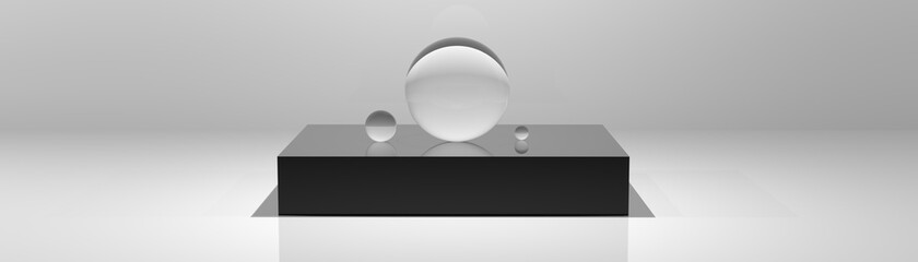 The Transparent glass balls on a black pedestal white background realistic illustration concept.