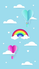 Valentines day greetings card with balloons flying with clouds vector.Heart hot air balloon flying.Love background.Cute paper cut design.posters,rainbow,gift box.Paper cut style.Space for your text.