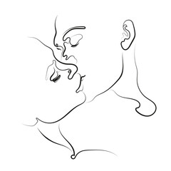 Digital illustration. Linear drawing of a couple in love kissing