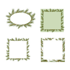 Seth Christmas frames from pine branches. The square, round, frame is framed with fir branches. Vector illustration. Template for a postcard, banner, flyer. Festive decor. Place for text