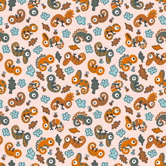 Hand drawn chameleons in exotic nature seamless pattern. Perfect for T-shirt, fabric, textile and print. Doodle illustration for decor and design.