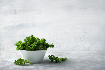 Fresh curly kale salad in white ceramic bowl on light gray background. Healthy eating, diet food, superfood	