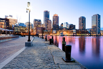 Boston Harbor and Financial District in Massachusetts, USA.