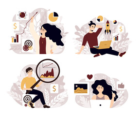 Finance prediction, trends forecast and business strategy analytics. Successful business startup. People boosting, idea start and accelerating innovation development. Vector illustration EPS10