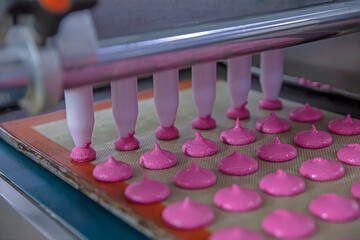 Production of macarons. Preparation of pink dough. Pink Buttercream Macaron in a stainless bowl. Modern silver kitchen stand mixer is mixing dough for macarons.