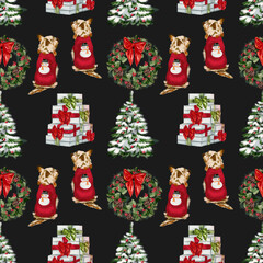 Christmas holiday seamless pattern. Colorful Christmas background with fir trees, dog.
