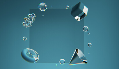 Flying geometric shapes in motion. Modern background for product design show. 3d render