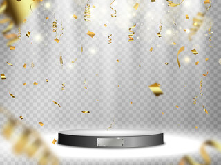 GOLD confetti fall on the podium. Realistic white podium with spotlights. First place. Vector illustration of a holiday.	