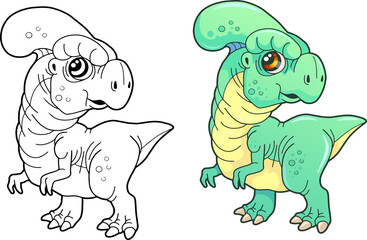 cute prehistoric dinosaur parasaurolophus, coloring book, funny illustration