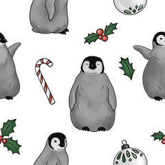 animal sketch cute little penguin cubs and christmas attributes abstract digital drawing pattern 2 on white background
