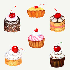 Cakes painted in watercolor with cherries. Set of isolated images on a light background.