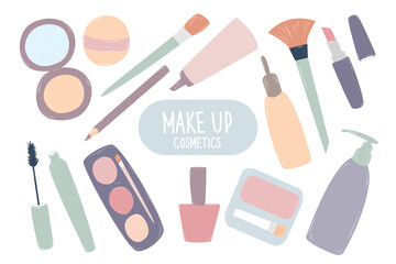 A set of cosmetics.Mascara,face powder,lipstick,eye shadow,nail polish,eyeliner,foundation.Vector illustration.