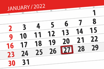 Fototapeta premium Calendar planner for the month january 2022, deadline day, 27, thursday