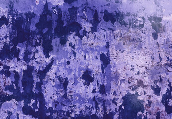 Trendy Color of the year 2022 Very Peri. Old wall with lilac plaster. Lilac old peeling plaster on the wall. Grunge texture lilac brick wall. Fragment of an old house. Copy space.