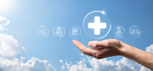 Businessman hold virtual plus medical network connection icons. Covid-19 pandemic develop people...