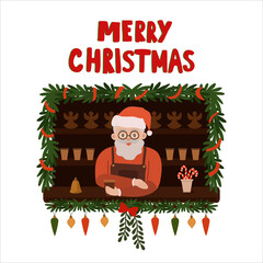 Christmas greeting card with Santa Claus and holiday decor. Inscription Merry Christmas. Cartoon vector illustration