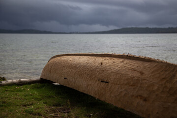 Hand-carved dugout canoe at Chuchulu Village, Marovo lagoon, Western Province, Solomon Islands. - obrazy, fototapety, plakaty