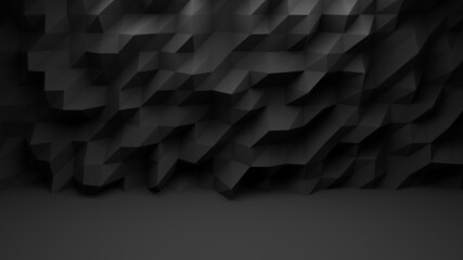 dark geometric triangular structures in black and gray tones in the background of a foreground in the same color, which are brightened by a light source positioned above them