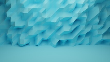 bright geometric triangular structures in blue tones in the background of a foreground in the same color, which are brightened by a light source positioned above them