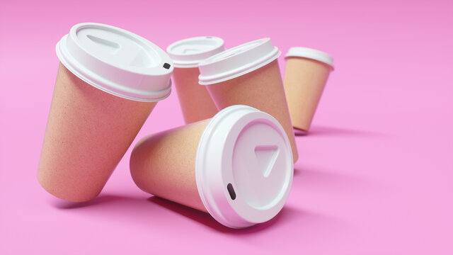 Lots of cardboard coffee cups on a pink background 3D
