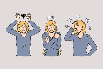 Anger fear and frustration concept. Young woman standing expressing emotions feeling rage aggression fear with tears and frustration vector illustration 