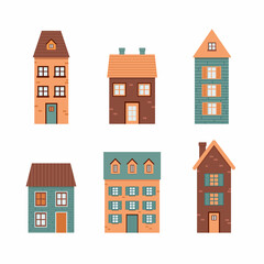 Cute various houses front view set.Home facade with doors, windows and roof. Vector illustration cartoon flat style.