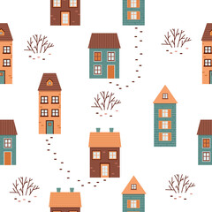 Various houses with tree seamless vector pattern.For print, wrapping paper, packaging, web, fabric, textile. Surface pattern design.Home background.