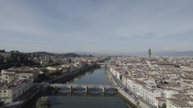 Aerial footage video near river - panoramic view of Florence	