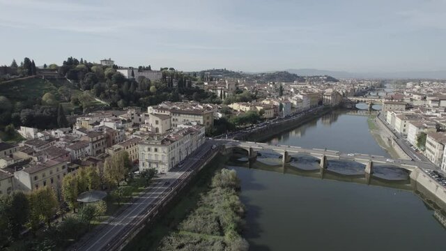 Aerial footage video near river - panoramic view of Florence	