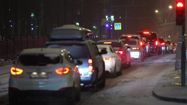Moscow, Russia- december 2021: Winter evening traffic jam on the streets of the city