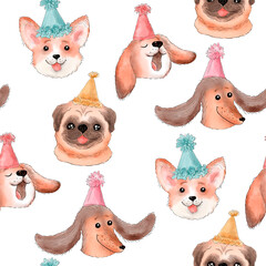 Seamless pattern with corgi, pug, beagle heads with holiday hats. Dog party. Illustration