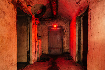 Old abandoned dark Soviet bunker, emergency bomb shelter