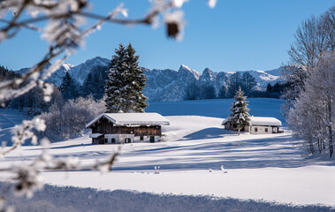 Alpine hut in an idyllic winter landscape in Austria, Heutal, Unken, Salzburger Land, Austria