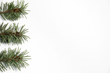 Obraz premium Simple Christmas Decoration Made of Green Pine Twigs Arranged in a Broder on a White Background. Modern Christmas Decoration without Text ideal for Card, Greetings, Banner. Winter Holidays Decor.