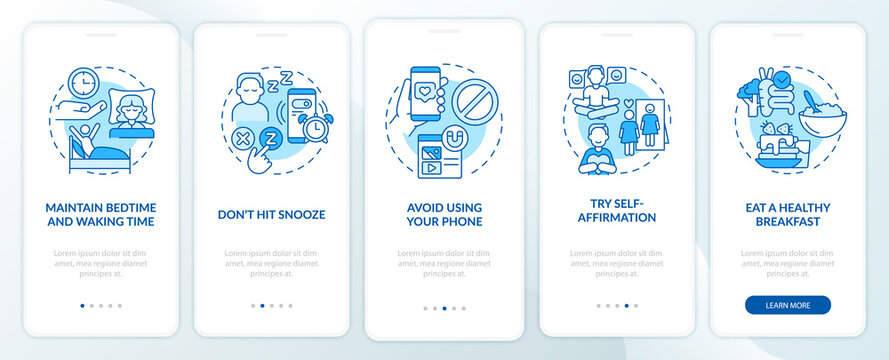 Building morning routine blue onboarding mobile app screen. Tips walkthrough 5 steps graphic instructions pages with linear concepts. UI, UX, GUI template. Myriad Pro-Bold, Regular fonts used