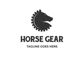 Simple Horse Stallion Head with Gear Cog Machine Logo Design Vector