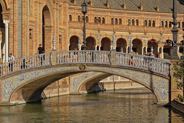 Ornate bridge, architecture detail of Plaza de Espana, Seville - obrazy, fototapety, plakaty