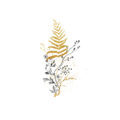 Watercolor floral bouquet. Hand painted set of forest greenery, wildflowers, herbs. Gold leaves, fern isolated on white background. Botanical illustration for design, print or background