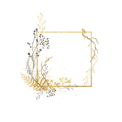 Watercolor floral bouquet border. Hand painted gold frame of forest greenery, wildflowers, herbs. Black leaves, fern isolated on white background. Botanical illustration for design print or background © 60seconds