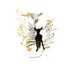 Fototapeta premium Watercolor woodland night landscape. Hand painted abstract, deer, fawn, birds, gold leaves, greenery, wildflowers, herbs, fern. isolated on white background. illustration for design, print background