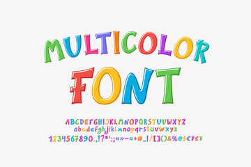 Cartoon multicolor font, uppercase and lowercase letters rainbow colors