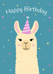 Happy birthday greeting card with cute llama head. Funny alpaca with birthday hat. Template for nursery design, poster, birthday card, invitation, baby shower and party decor © Yaryna